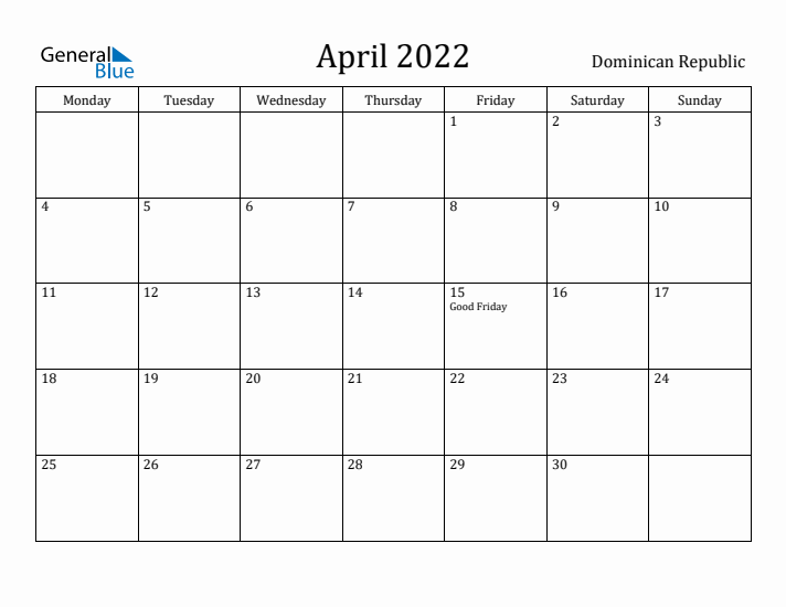 April 2022 Calendar Dominican Republic