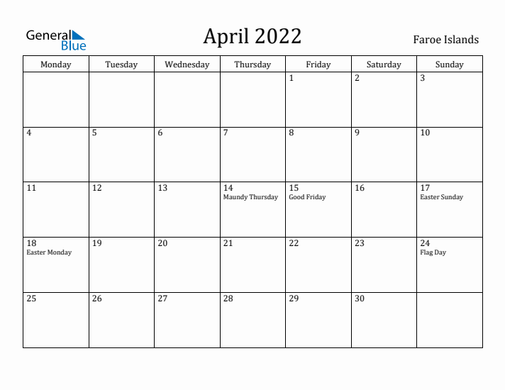 April 2022 Calendar Faroe Islands