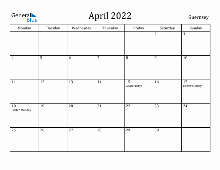 April 2022 Calendar Guernsey