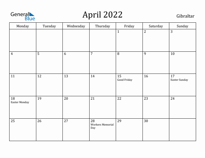 April 2022 Calendar Gibraltar