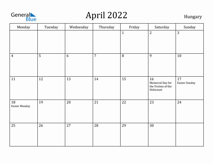 April 2022 Calendar Hungary