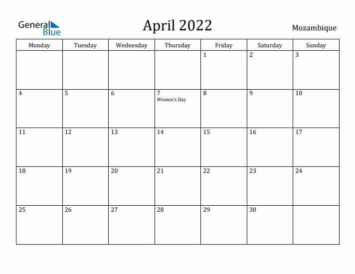 April 2022 Calendar Mozambique