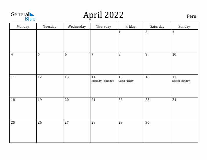 April 2022 Calendar Peru