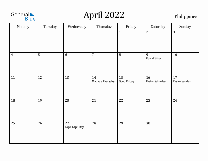 April 2022 Calendar Philippines