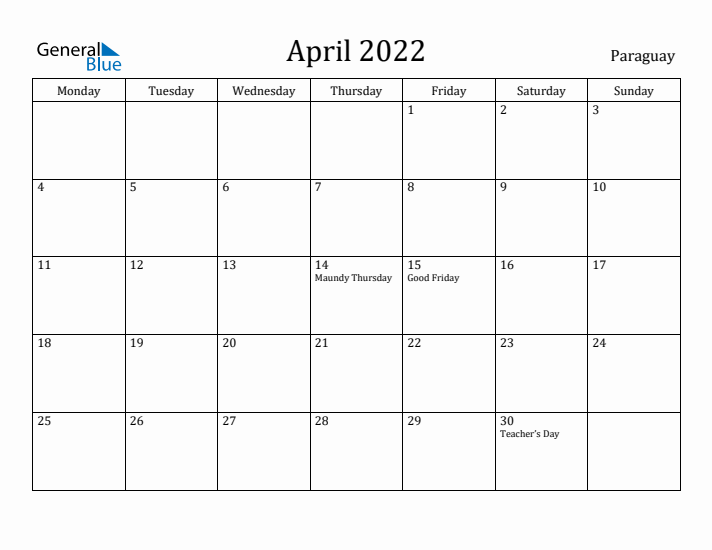 April 2022 Calendar Paraguay