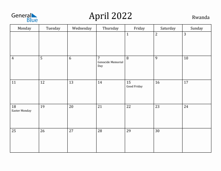 April 2022 Calendar Rwanda