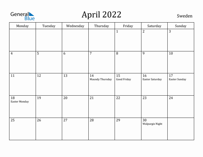 April 2022 Calendar Sweden