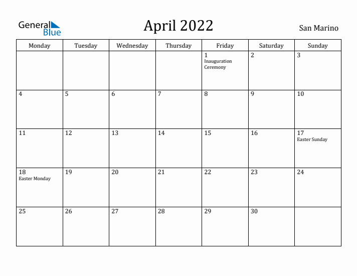 April 2022 Calendar San Marino