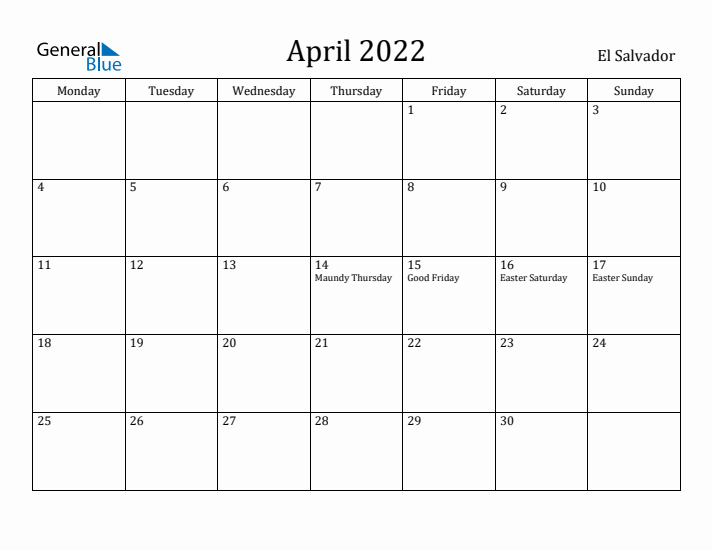 April 2022 Calendar El Salvador