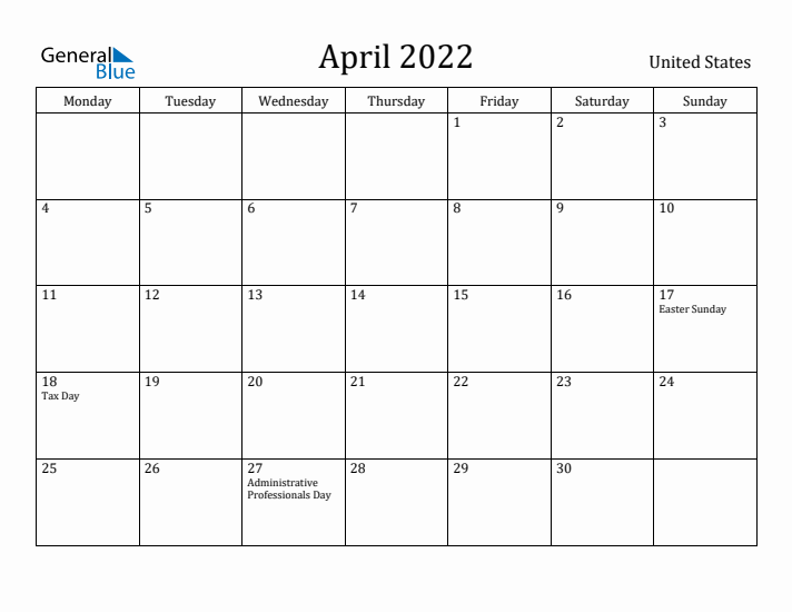 April 2022 Calendar United States