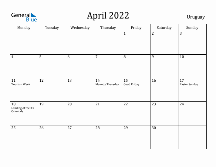 April 2022 Calendar Uruguay