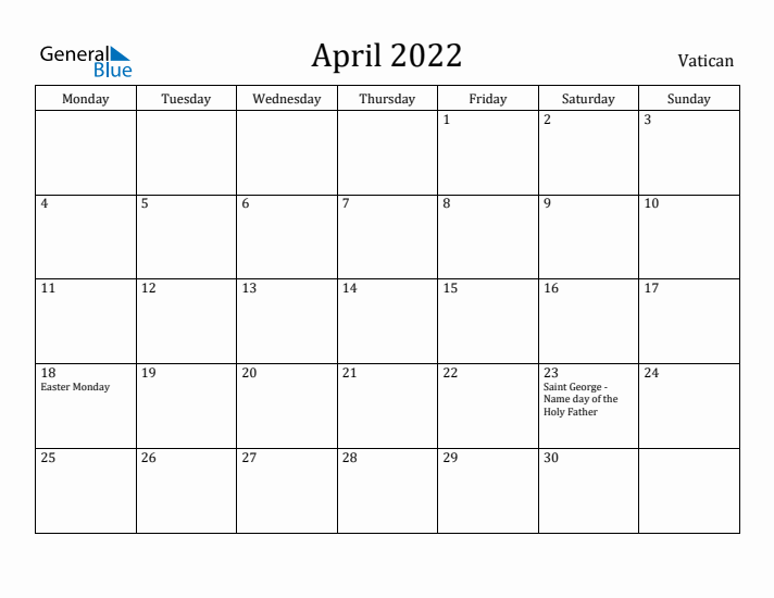 April 2022 Calendar Vatican