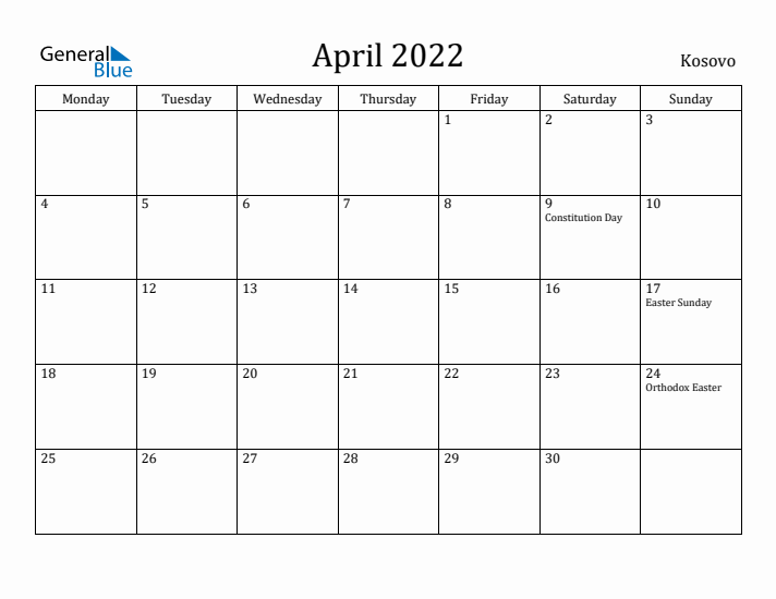 April 2022 Calendar Kosovo