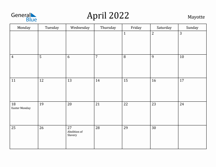 April 2022 Calendar Mayotte