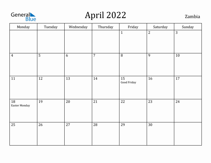 April 2022 Calendar Zambia