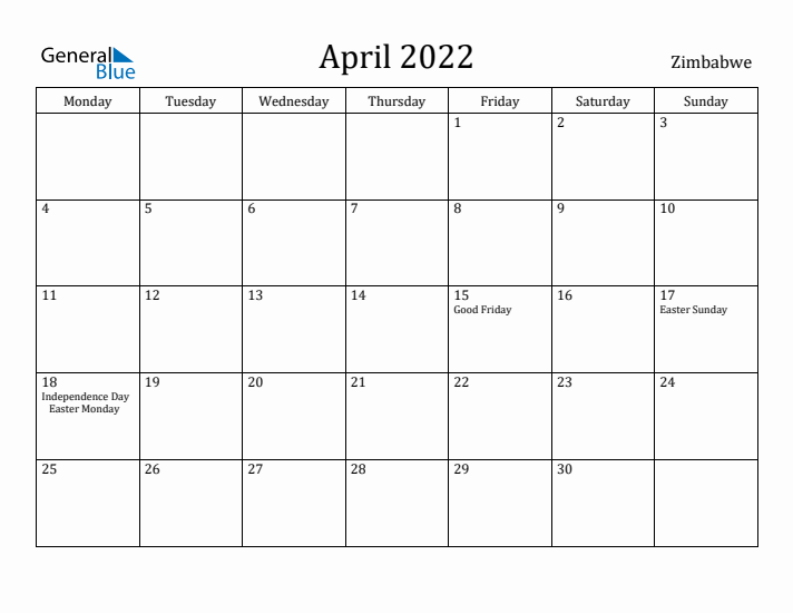 April 2022 Calendar Zimbabwe