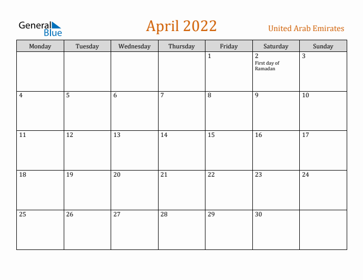 April 2022 Holiday Calendar with Monday Start