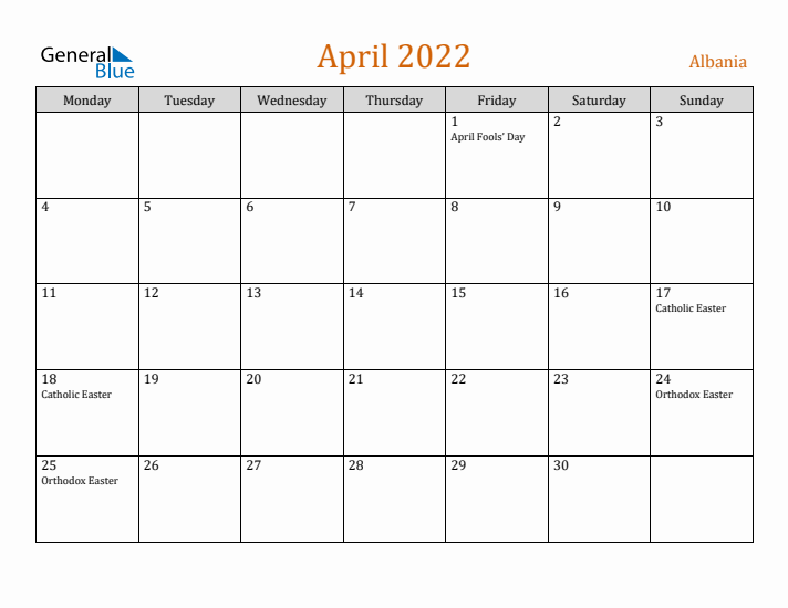 April 2022 Holiday Calendar with Monday Start