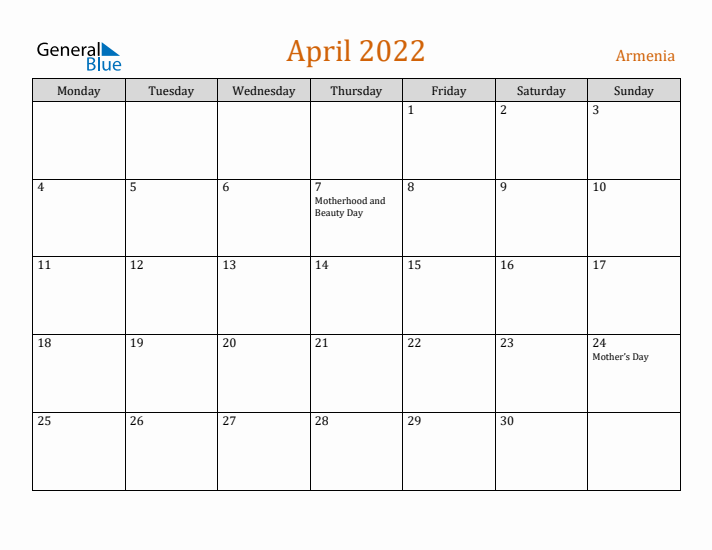 April 2022 Holiday Calendar with Monday Start