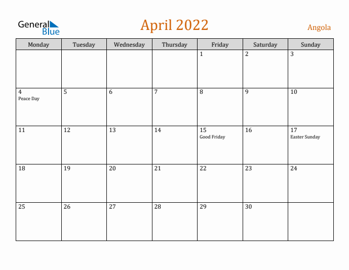 April 2022 Holiday Calendar with Monday Start