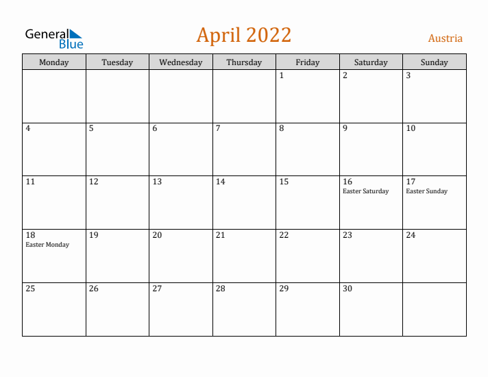 April 2022 Holiday Calendar with Monday Start