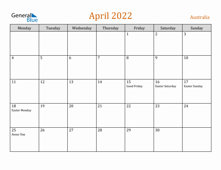 April 2022 Holiday Calendar with Monday Start