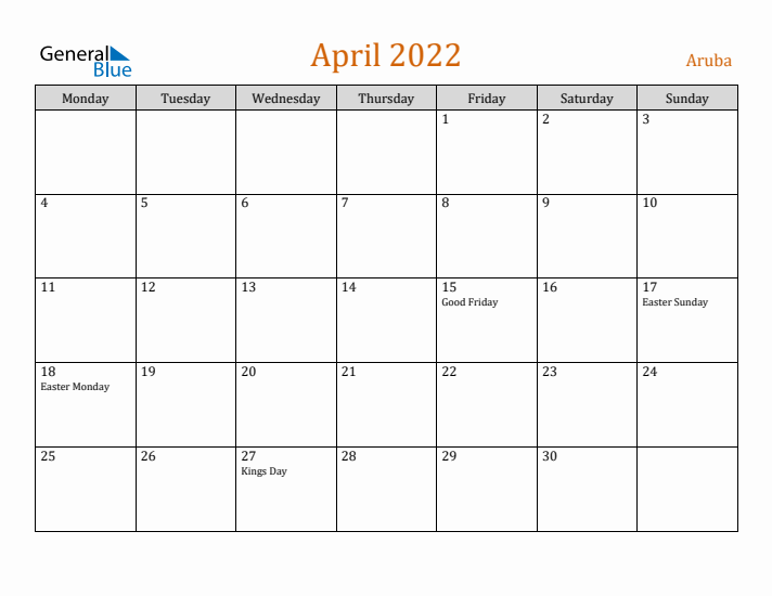 April 2022 Holiday Calendar with Monday Start