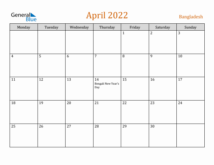 April 2022 Holiday Calendar with Monday Start