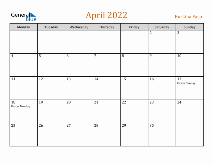 April 2022 Holiday Calendar with Monday Start