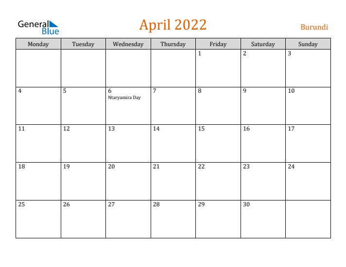 April 2022 Holiday Calendar with Monday Start