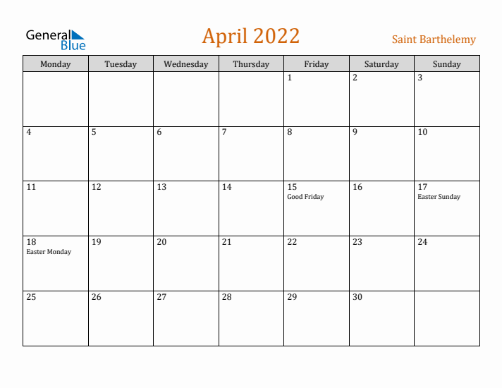 April 2022 Holiday Calendar with Monday Start