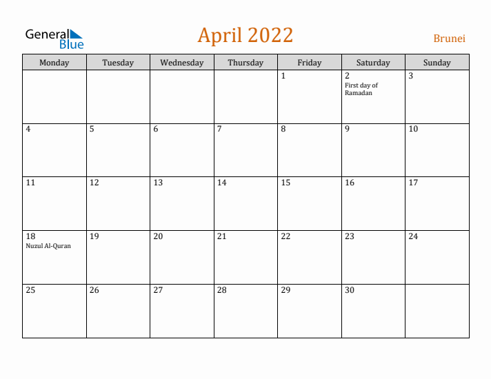 April 2022 Holiday Calendar with Monday Start