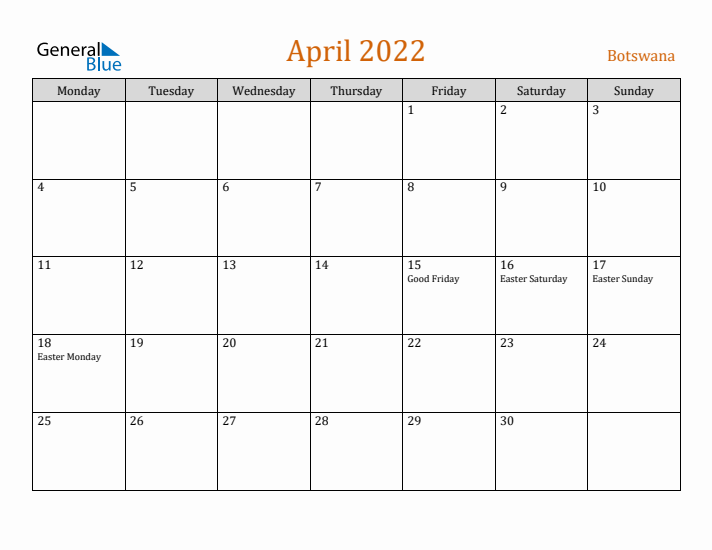 April 2022 Holiday Calendar with Monday Start