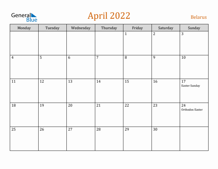 April 2022 Holiday Calendar with Monday Start