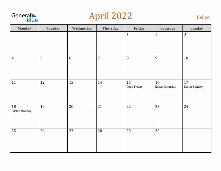 April 2022 Holiday Calendar with Monday Start