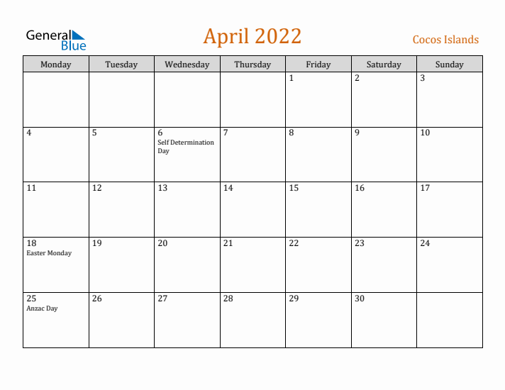 April 2022 Holiday Calendar with Monday Start