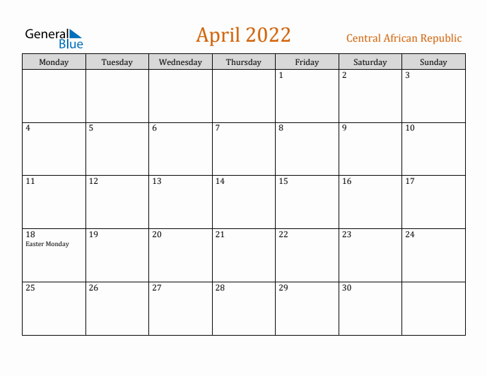 April 2022 Holiday Calendar with Monday Start