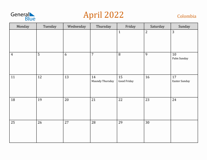 April 2022 Holiday Calendar with Monday Start