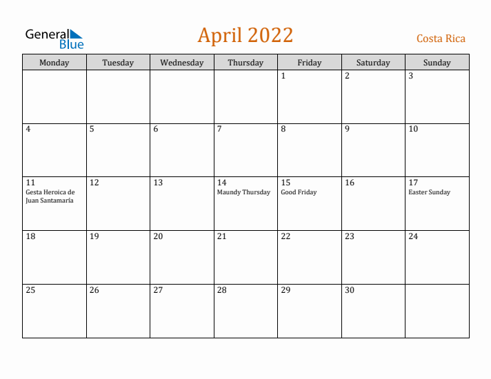 April 2022 Holiday Calendar with Monday Start