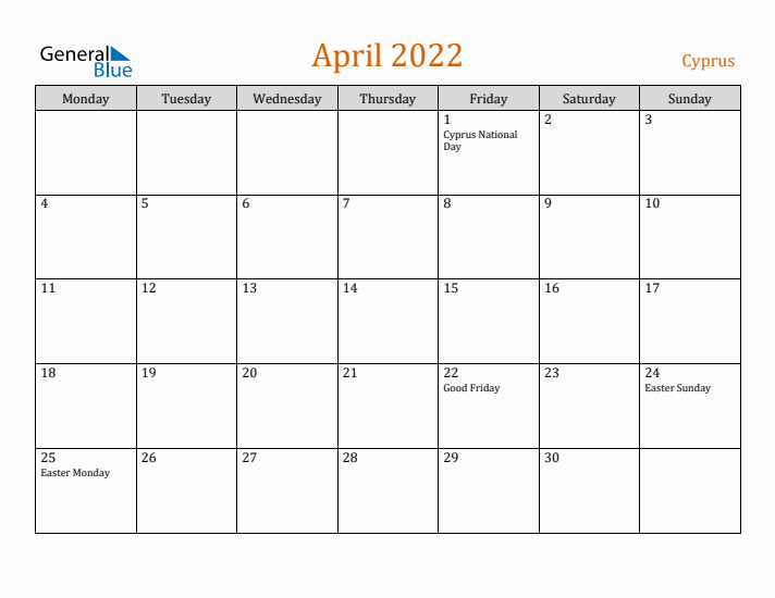 April 2022 Holiday Calendar with Monday Start