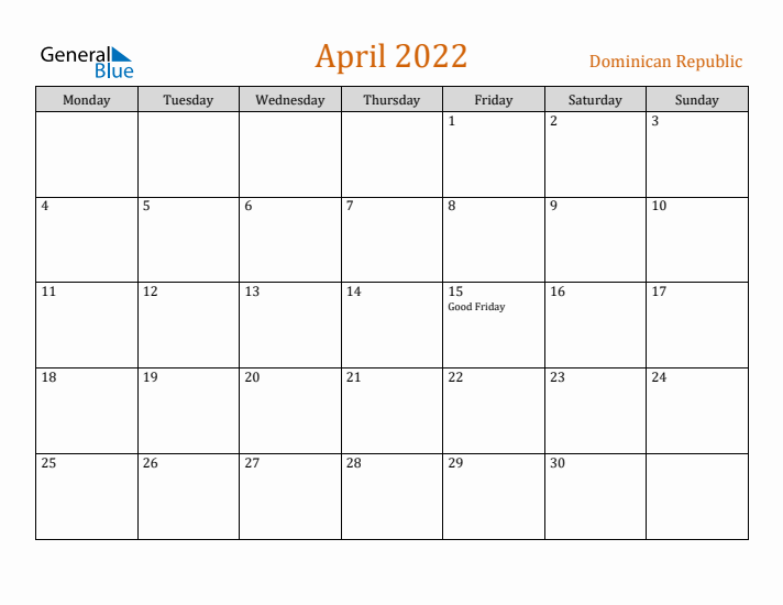 April 2022 Holiday Calendar with Monday Start