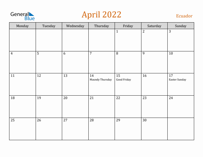 April 2022 Holiday Calendar with Monday Start