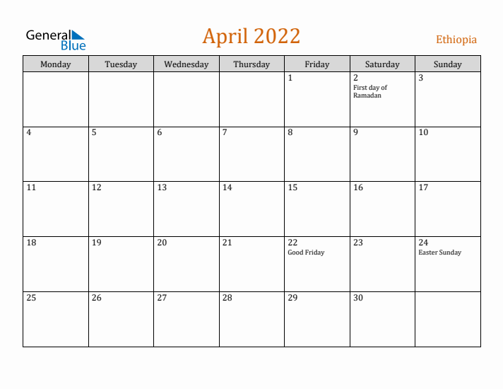 April 2022 Holiday Calendar with Monday Start