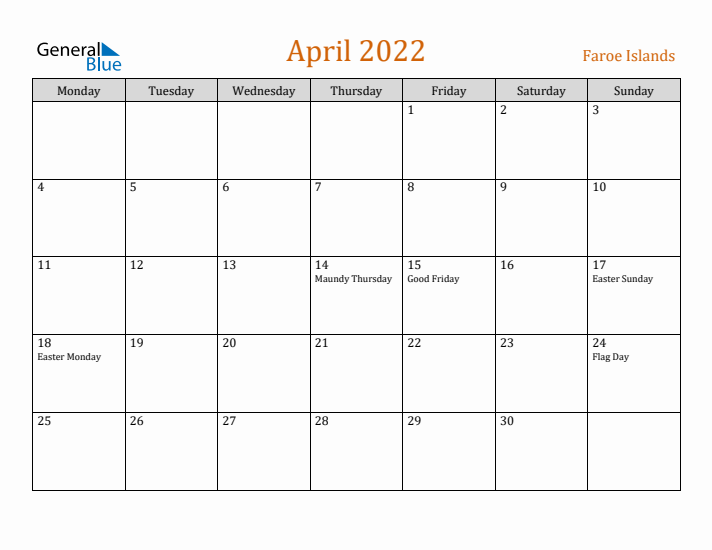 April 2022 Holiday Calendar with Monday Start