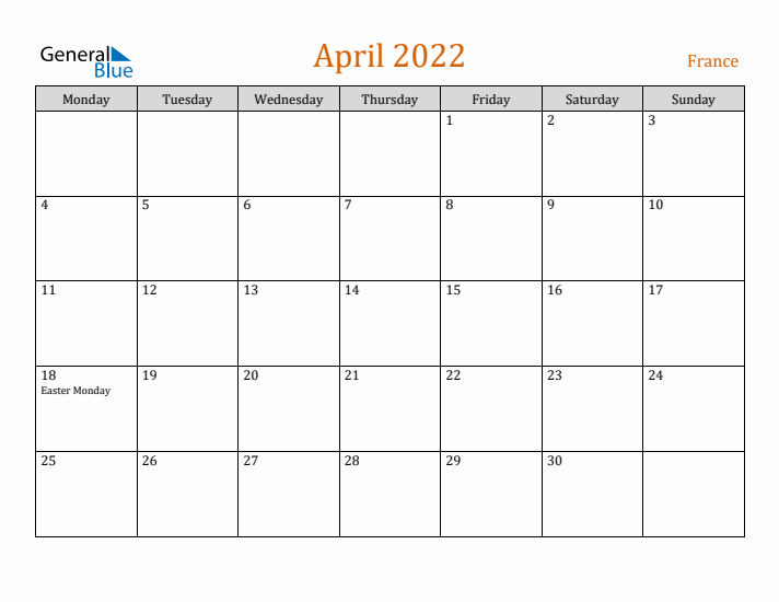 April 2022 Holiday Calendar with Monday Start