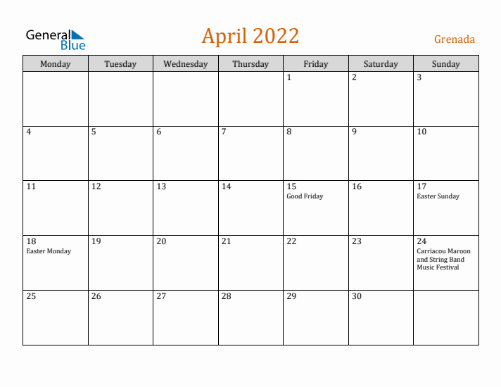 April 2022 Holiday Calendar with Monday Start