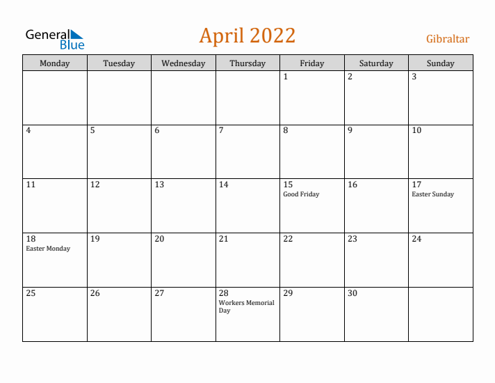 April 2022 Holiday Calendar with Monday Start