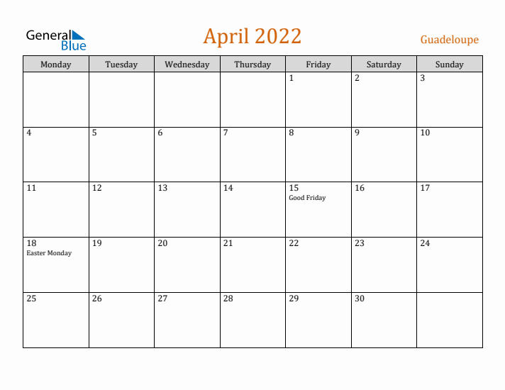 April 2022 Holiday Calendar with Monday Start