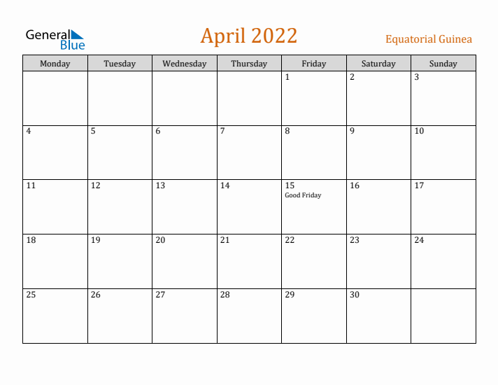 April 2022 Holiday Calendar with Monday Start