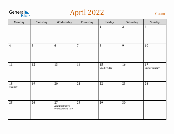 April 2022 Holiday Calendar with Monday Start